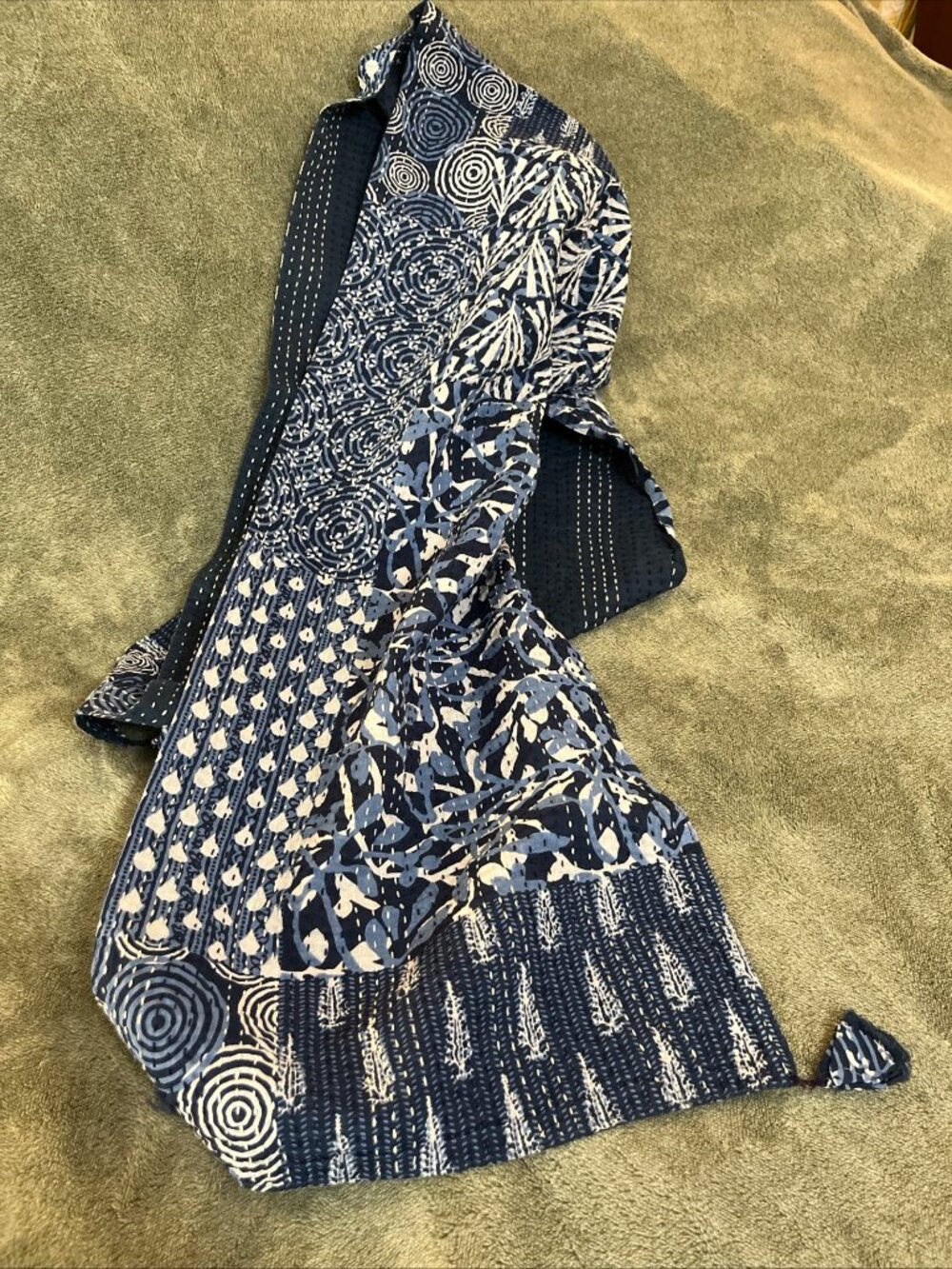 Sevya Handmade Indigo Cotton Scarf – Block Print & Kantha Stitch – Made in India